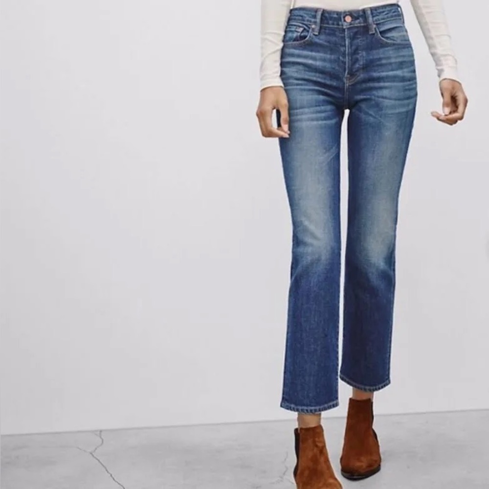 THE CASTINGS High Rise Straight Crop Stretch Denim Raw Hem Medium Wash